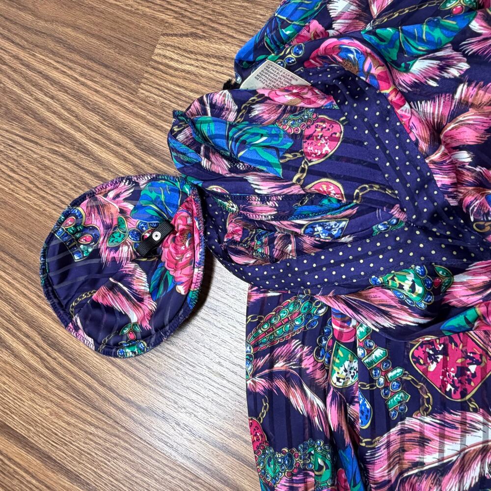 Vintage 80s Diane Freis Style Pleated Floral Jewel Midi Dress SzM Maximalist - Picture 5 of 8